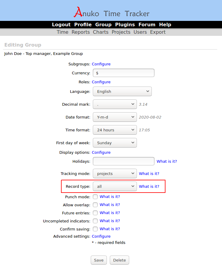 Record type selector on the Group settings page in Time Tracker