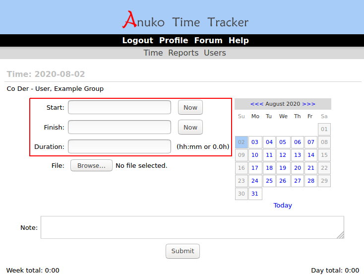 Time entry page for "all" record type
