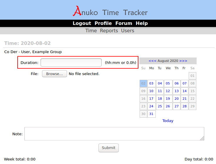 Time entry page for "duration" record type