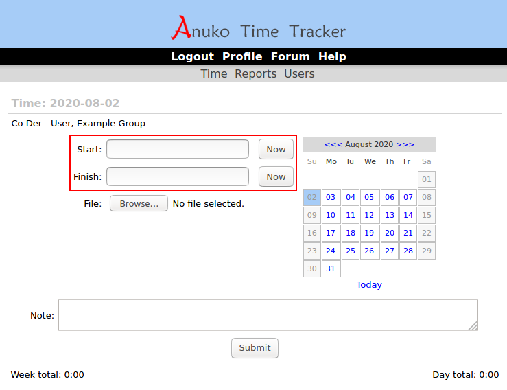 Time entry page for "start and finish" record type