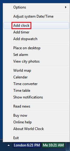 Right-click on a taskbar clock to bring up the menu