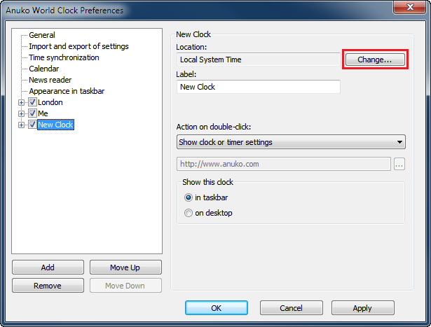 World Clock Preferences after a click on the Add clock in menu