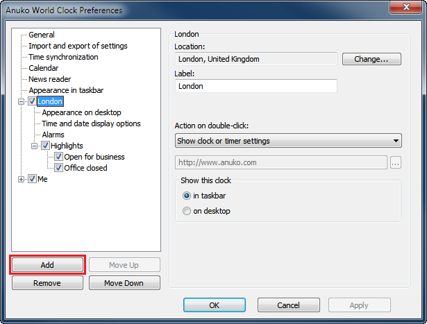 Select a clock object in Preferences and click the Add button