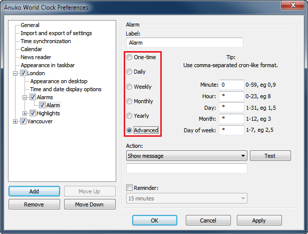Select alarm type on the alarm settings page in World Clock Preferences