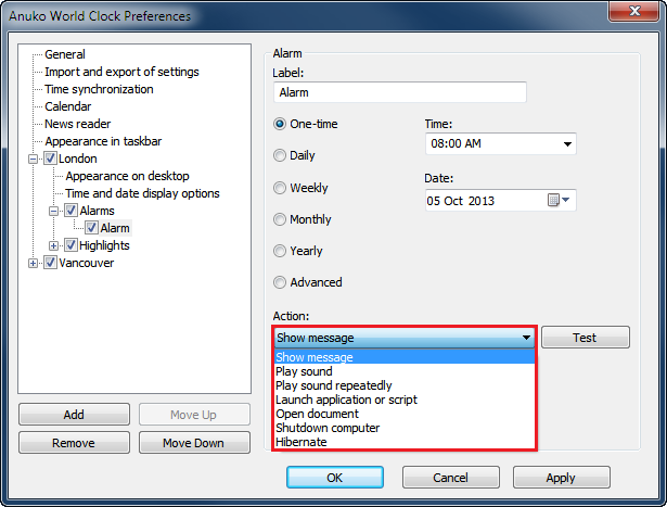 Alarm action options in World Clock