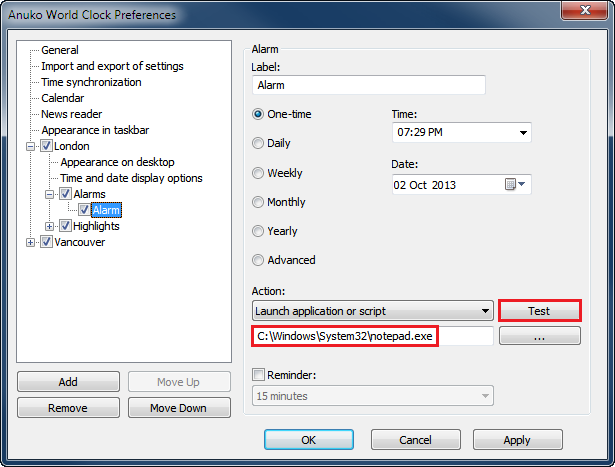 Testing an alarm that launches Notepad