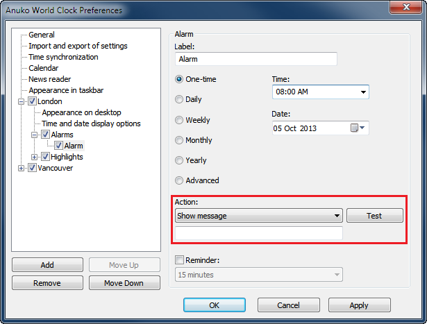 Alarm settings page in World Clock Preferences