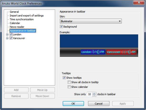 Appearance in taskbar page in World Clock Preferences