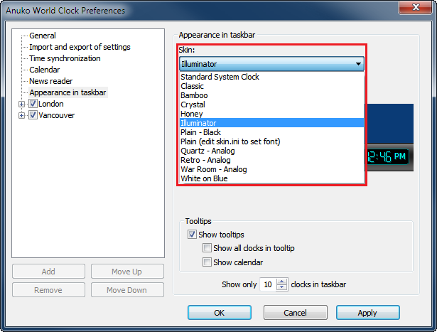 Selecting taskbar clock skin in World Clock