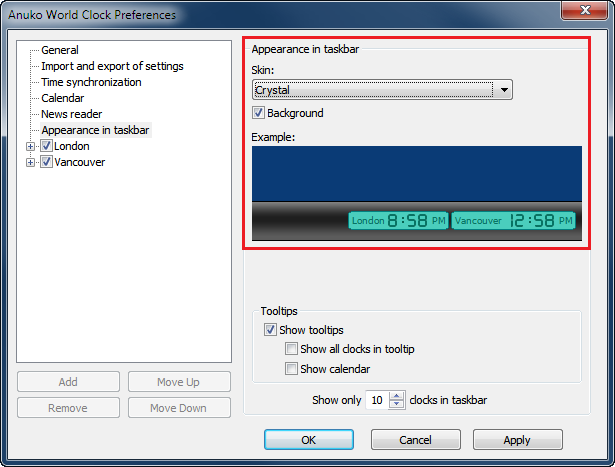 World Clock Preferences showing an example of Crystal taskbar skin