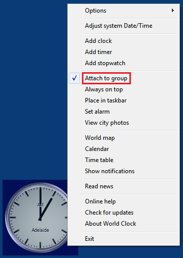 Use the "Attach to group" menu option to pin desktop clocks to each other