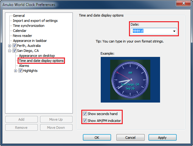 Time and date display options page in Preferences for a mechanical clock