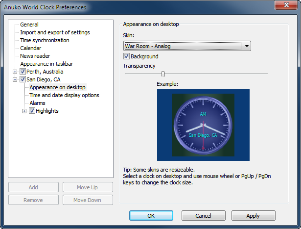 Selecting a skin on the Appearance on desktop page in World Clock Preferences