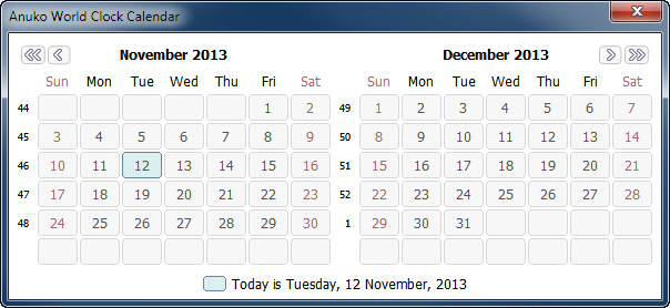 World Clock Calendar showing two months