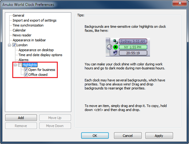Unmark the Highlights checkbox to disable all highlights for a clock