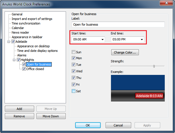 "Start time" and "End time" values determine when the highlight is active during the day