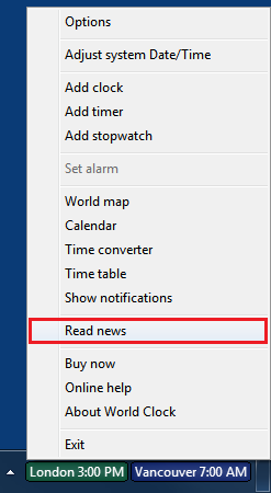 Open News Reader from World Clock menu using the Read news option