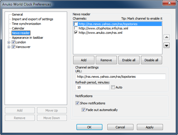 News reader page in World Clock Preferences