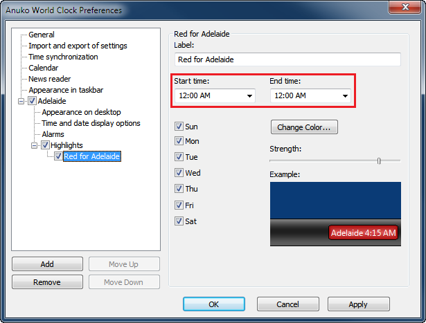 Set "Start time" and "End time" values to 12:00 AM (midnight) to cover the entire 24 hours of day