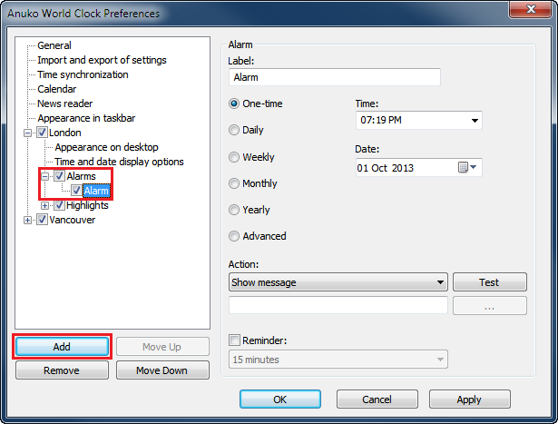 Adding a new alarm when an already existing alarm is selected in the navigation tree
