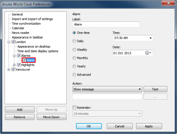 New alarm in World Clock Preferences