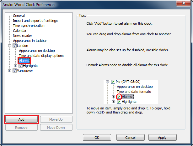 Adding a new alarm in World Clock Preferences