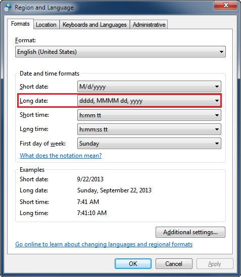 Changing the long date format in Control Panel - Region and Language