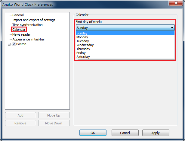 Configuring first day of week in World Clock Preferences
