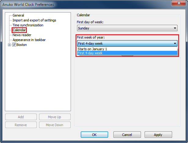 Configuring first week of year in World Clock Preferences